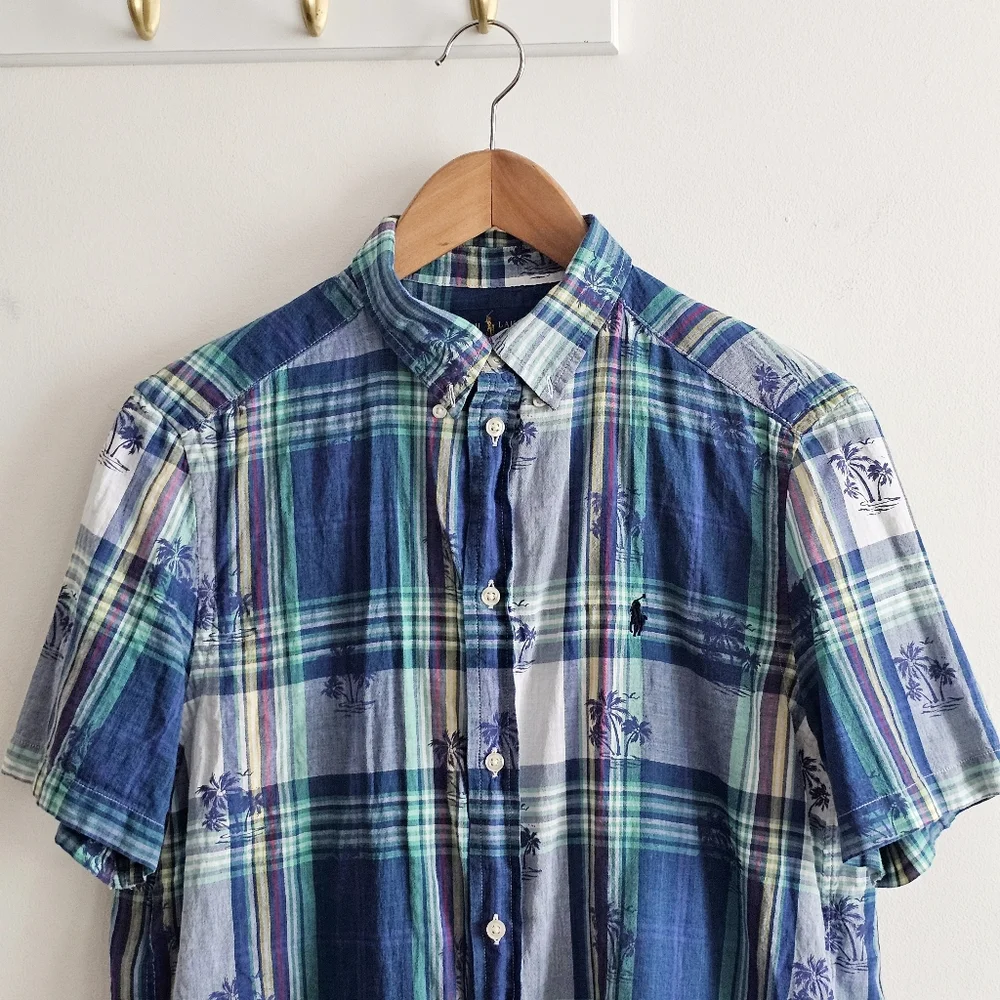 VTG Ralph Lauren Plaid Palms Short Sleeve Button Down Shirt Blue Green Youth XL